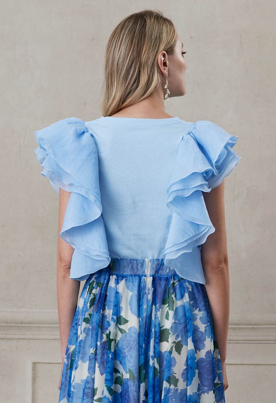 Exaggerated Organza Ruffles Sleeveless Top in Sky Blue