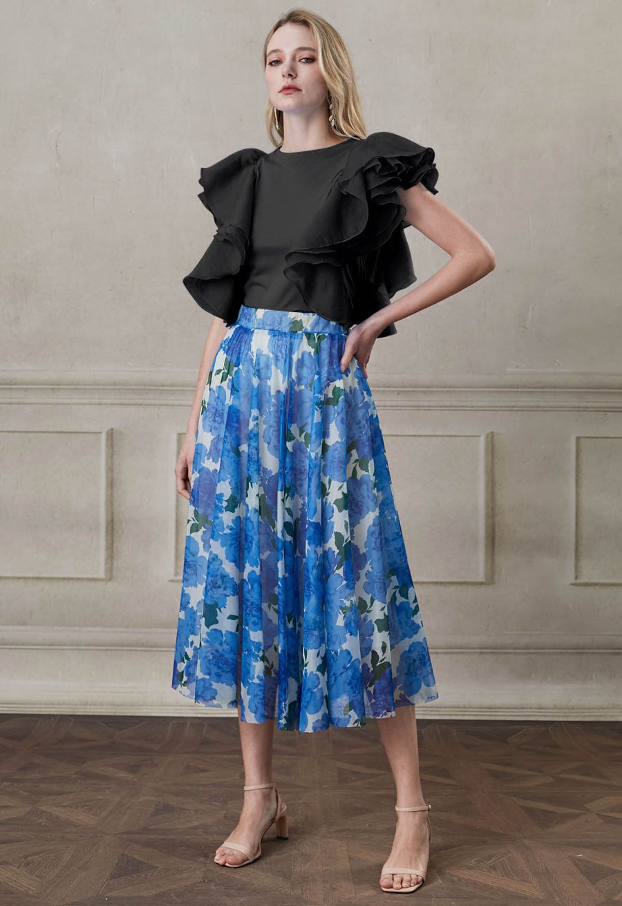 Exaggerated Organza Ruffles Sleeveless Top in Black