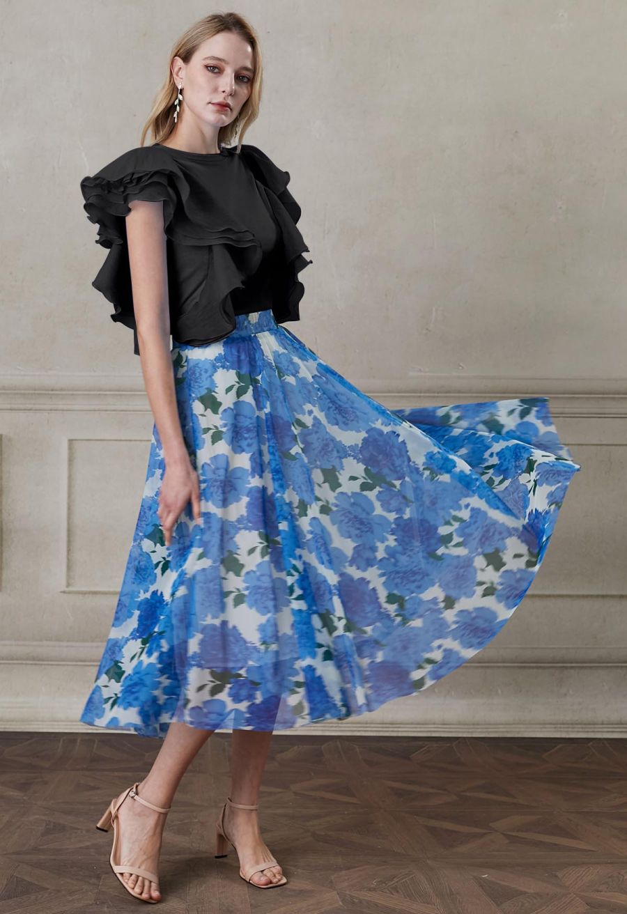 Exaggerated Organza Ruffles Sleeveless Top in Black