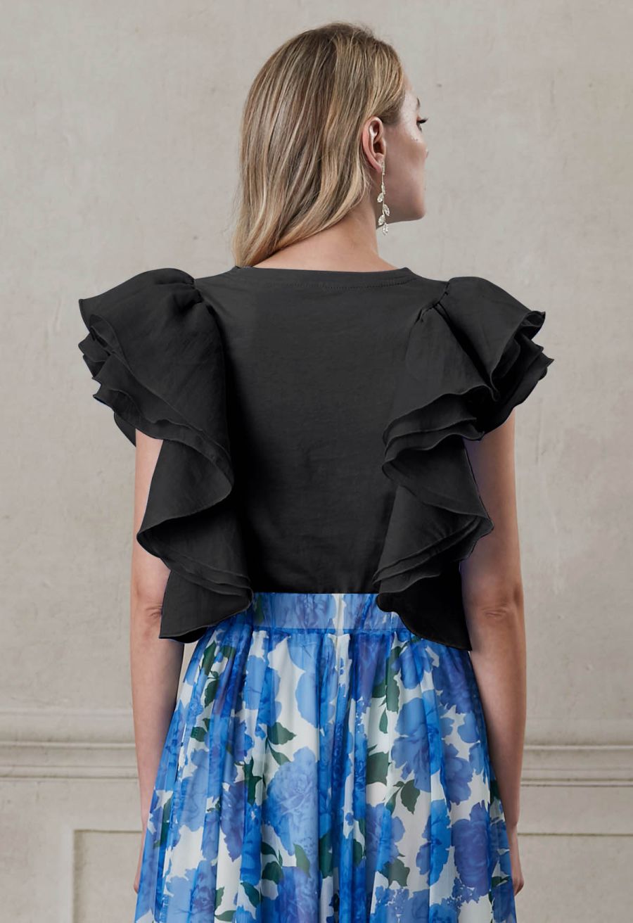 Exaggerated Organza Ruffles Sleeveless Top in Black