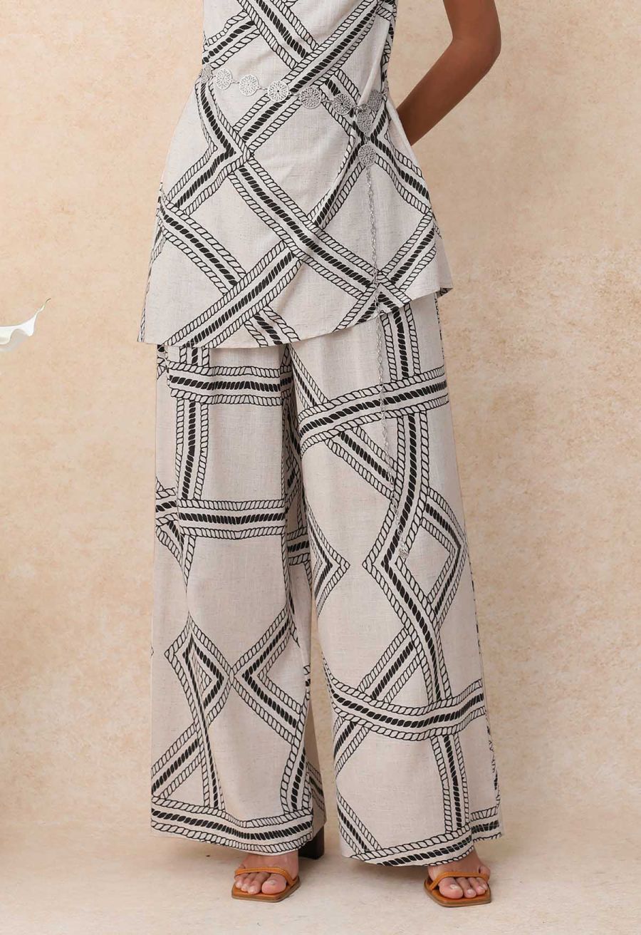 Geometric Grid Linen-Blend Palazzo Pants