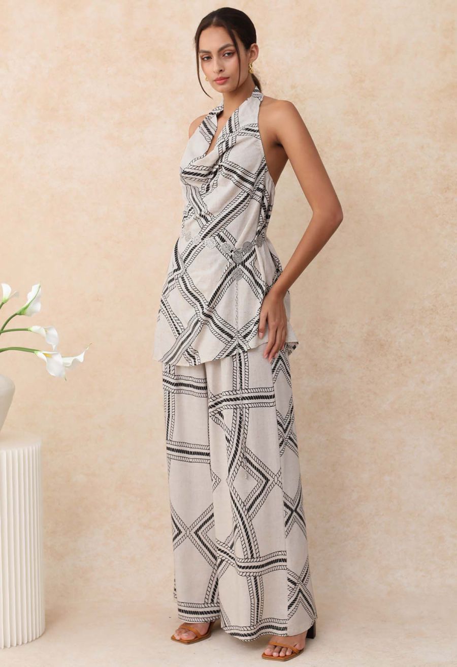 Geometric Grid Linen-Blend Backless Halter Top