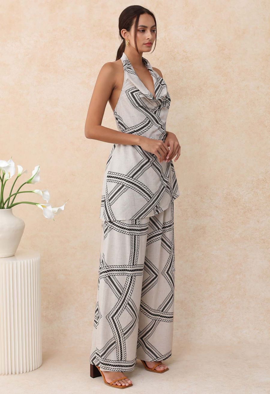 Geometric Grid Linen-Blend Backless Halter Top