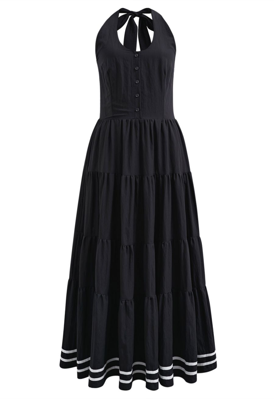 Striped Hem Self-Tie Halter Frilling Dress in Black