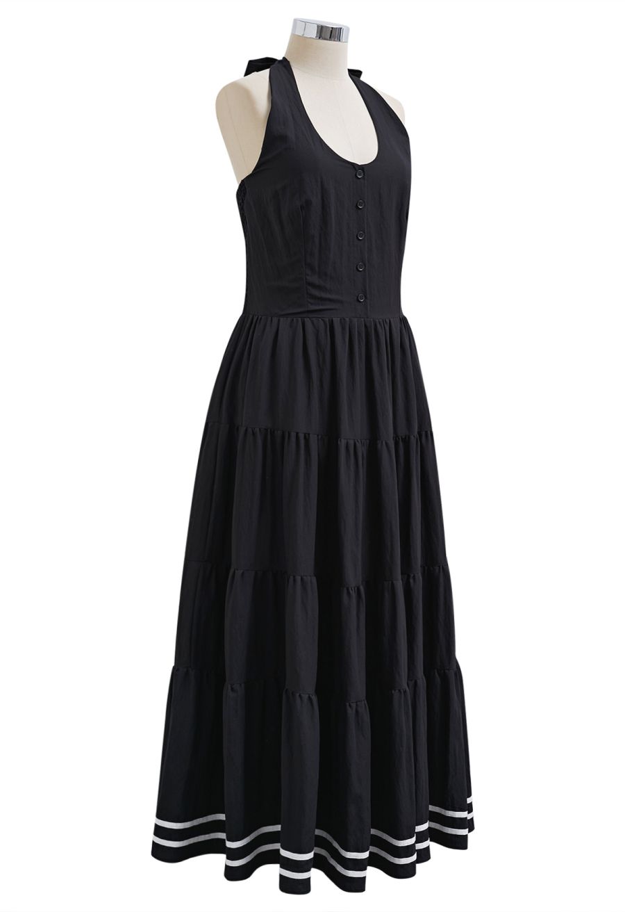 Striped Hem Self-Tie Halter Frilling Dress in Black