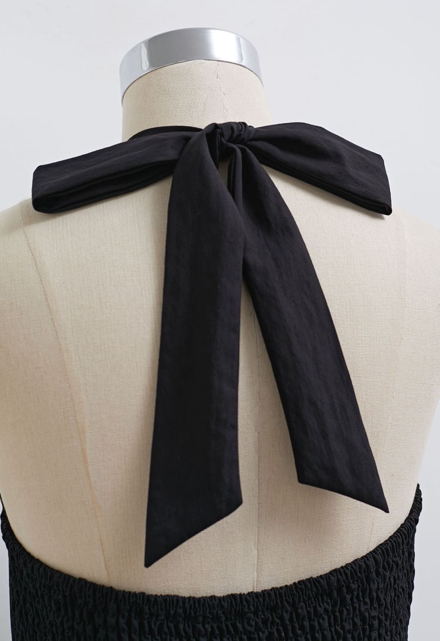 Striped Hem Self-Tie Halter Frilling Dress in Black