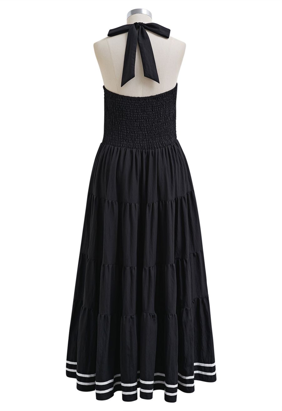 Striped Hem Self-Tie Halter Frilling Dress in Black