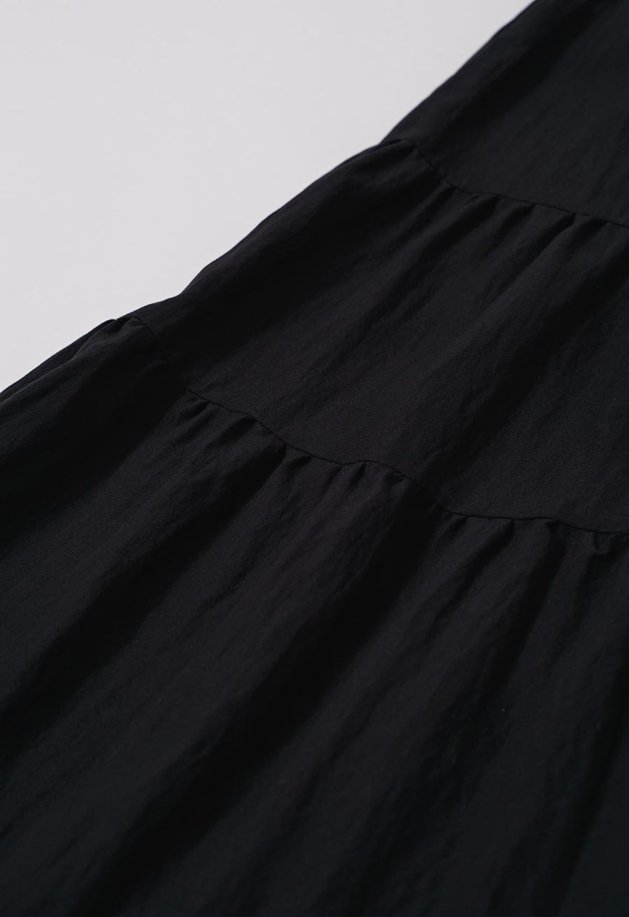 Striped Hem Self-Tie Halter Frilling Dress in Black