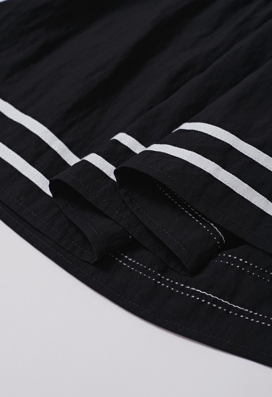Striped Hem Self-Tie Halter Frilling Dress in Black