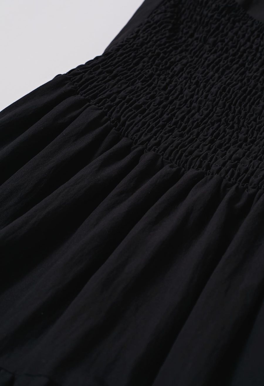 Striped Hem Self-Tie Halter Frilling Dress in Black