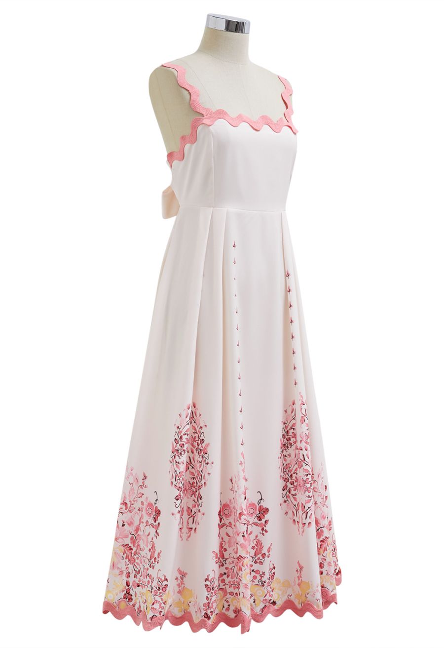 Pinky Wavy Floral Tie-Back Bowknot Cami Dress