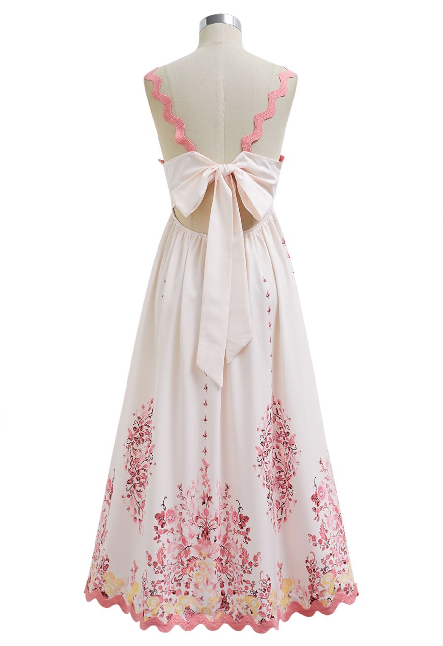 Pinky Wavy Floral Tie-Back Bowknot Cami Dress