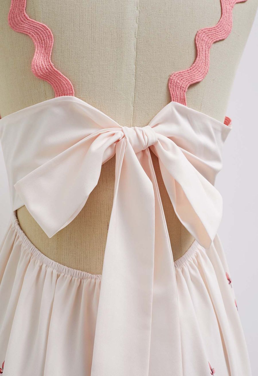 Pinky Wavy Floral Tie-Back Bowknot Cami Dress