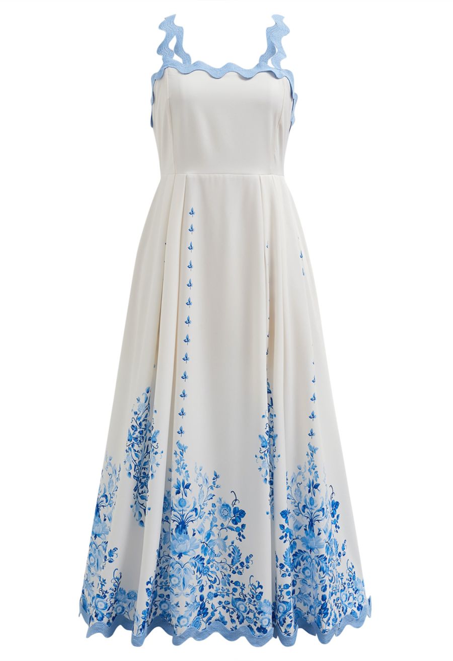 Sky Blue Wavy Floral Tie-Back Bowknot Cami Dress