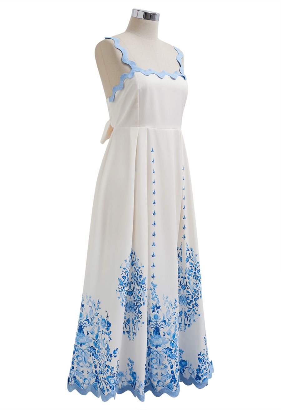 Sky Blue Wavy Floral Tie-Back Bowknot Cami Dress