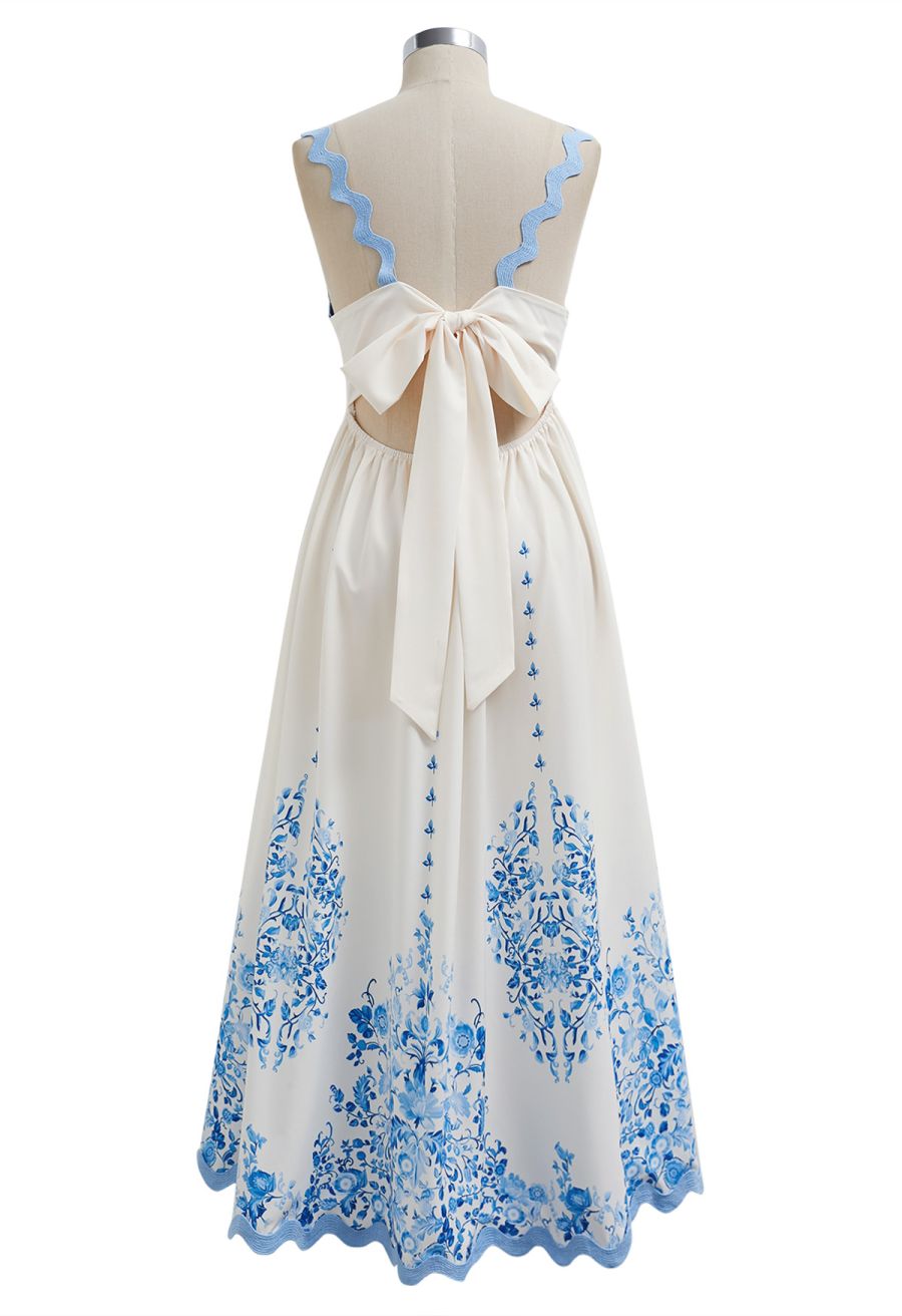 Sky Blue Wavy Floral Tie-Back Bowknot Cami Dress