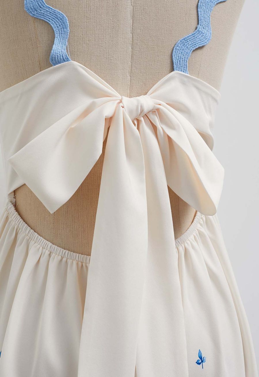 Sky Blue Wavy Floral Tie-Back Bowknot Cami Dress