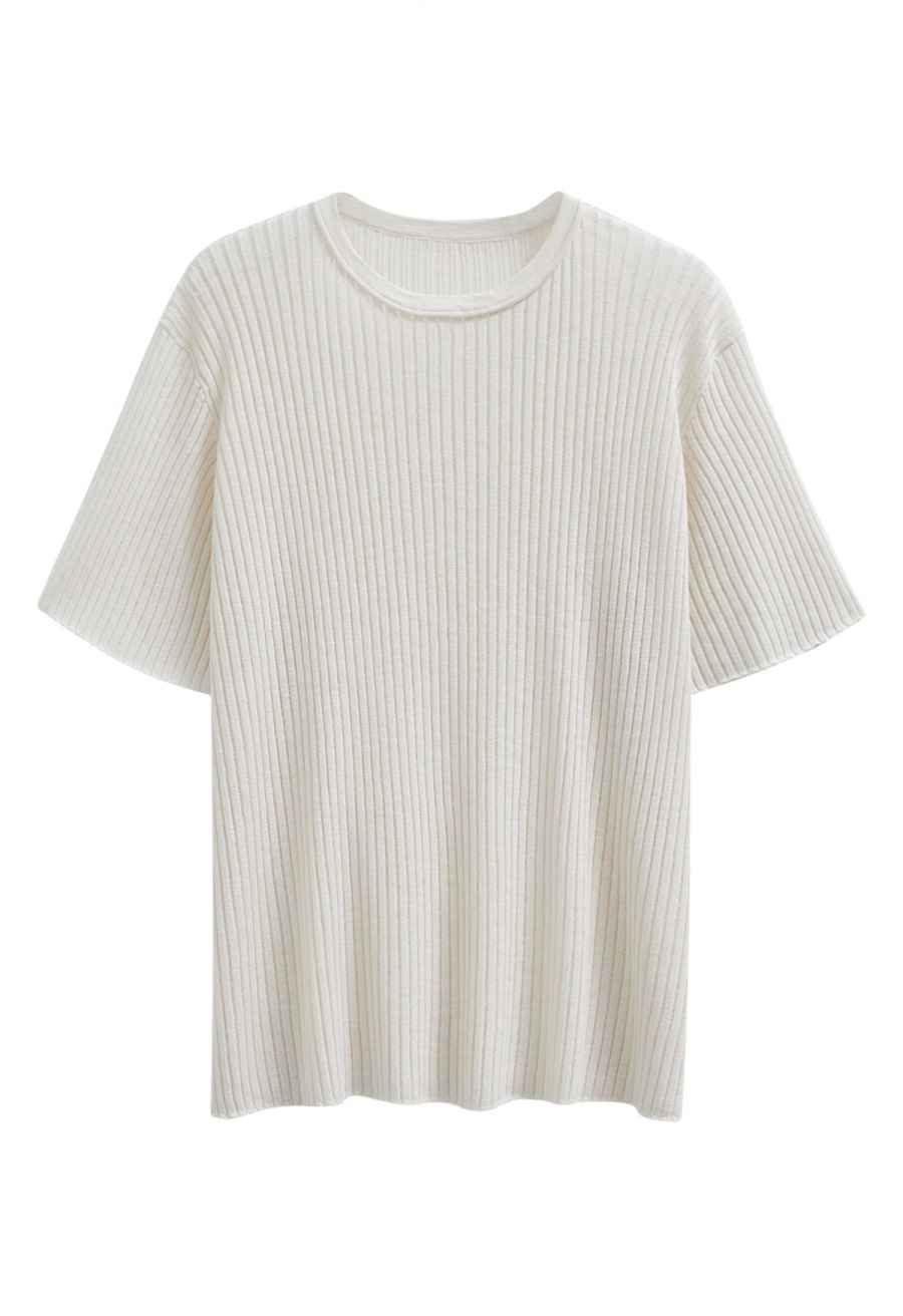 Cozy Effortless Ribbed Knit Top and Skirt Set in Ivory