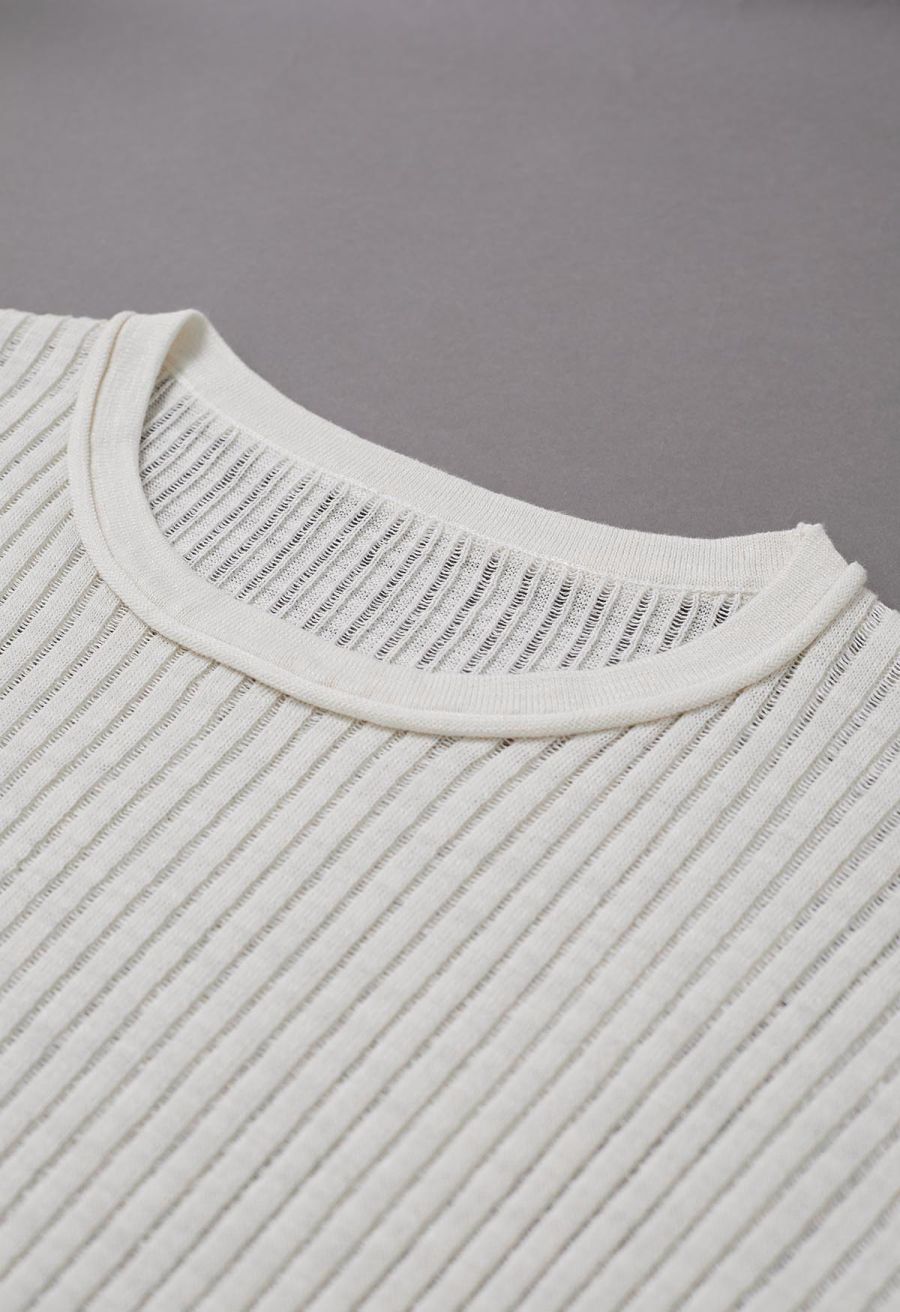 Cozy Effortless Ribbed Knit Top and Skirt Set in Ivory
