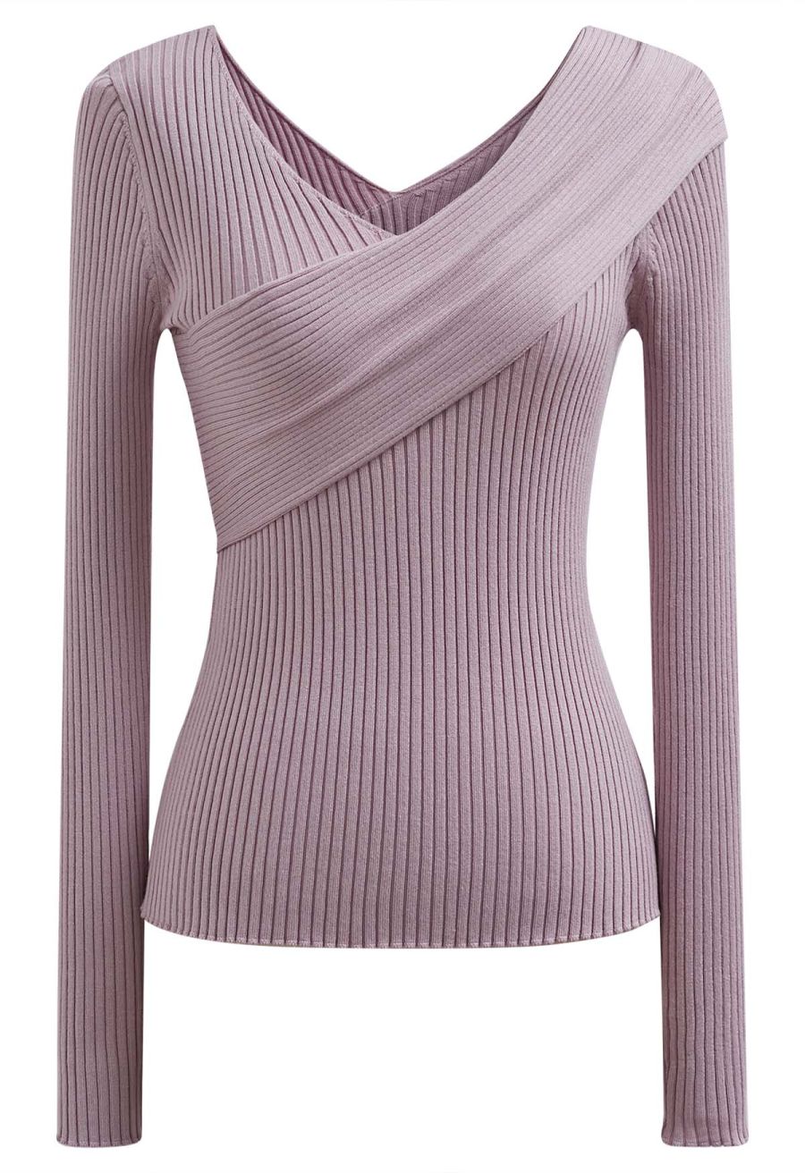 Crisscross Full Ribbed Knit Top in Mauve