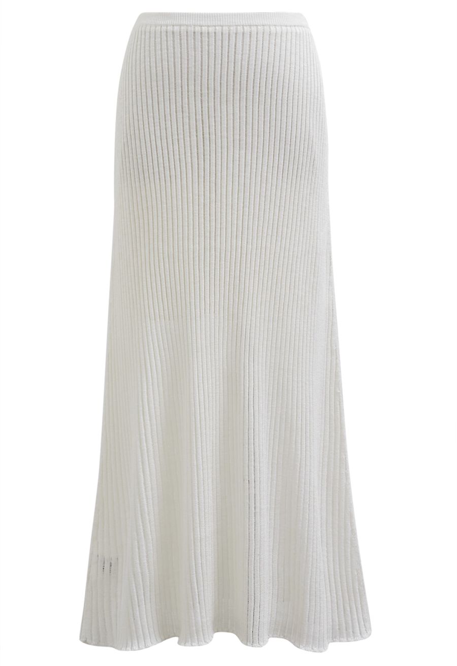 Cozy Effortless Ribbed Knit Top and Skirt Set in Ivory
