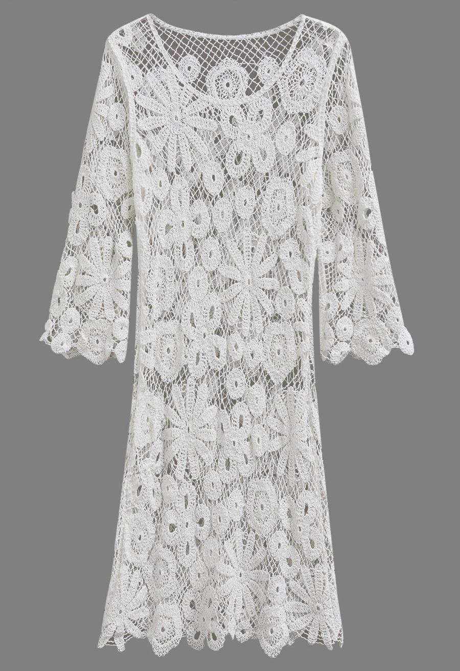 Floral Cutwork Grid Crochet Cover Up Dress in White