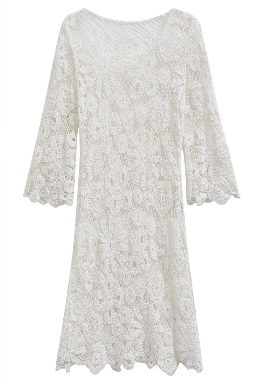 Floral Cutwork Grid Crochet Cover Up Dress in White