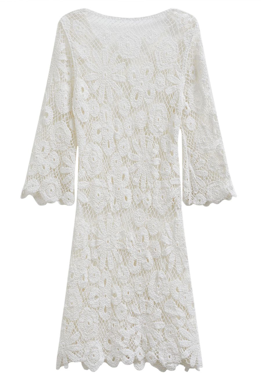 Floral Cutwork Grid Crochet Cover Up Dress in White