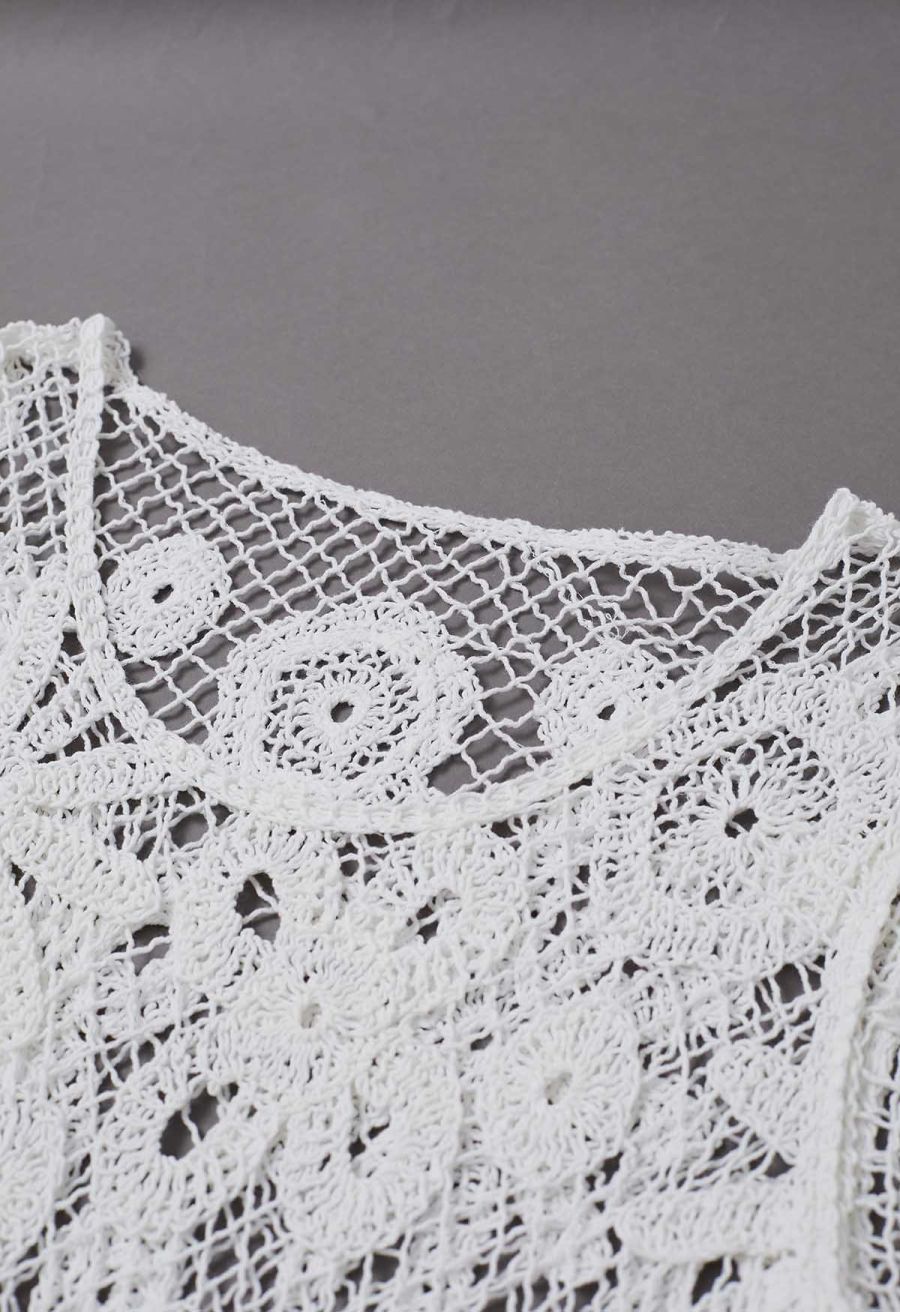 Floral Cutwork Grid Crochet Cover Up Dress in White