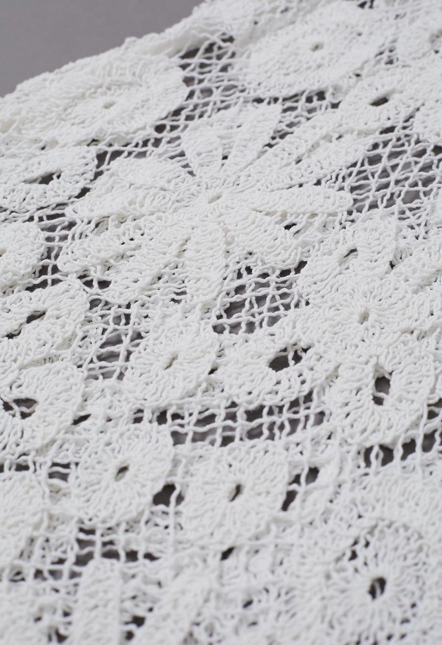Floral Cutwork Grid Crochet Cover Up Dress in White