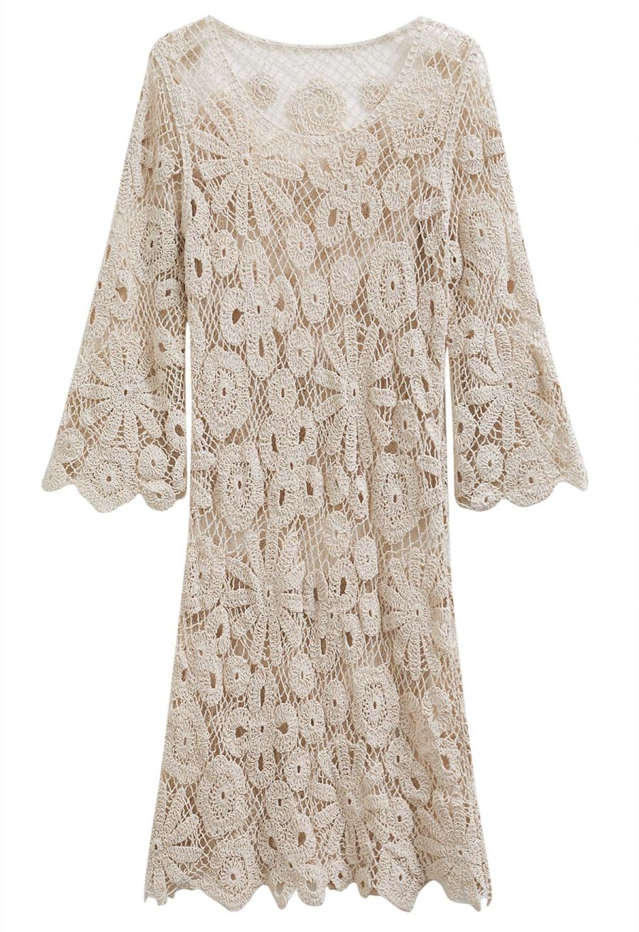 Floral Cutwork Grid Crochet Cover Up Dress in Sand