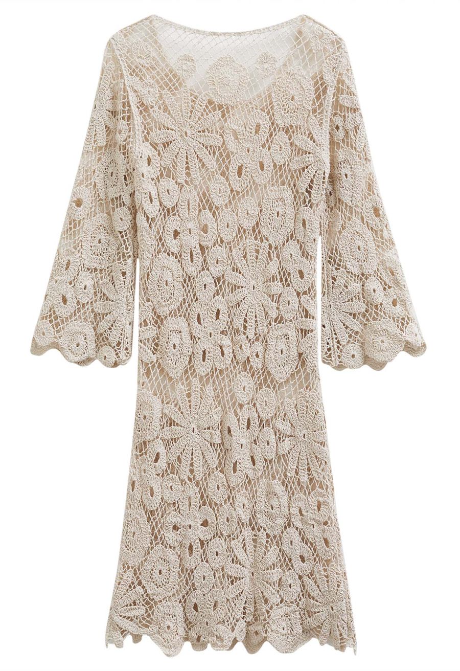 Floral Cutwork Grid Crochet Cover Up Dress in Sand