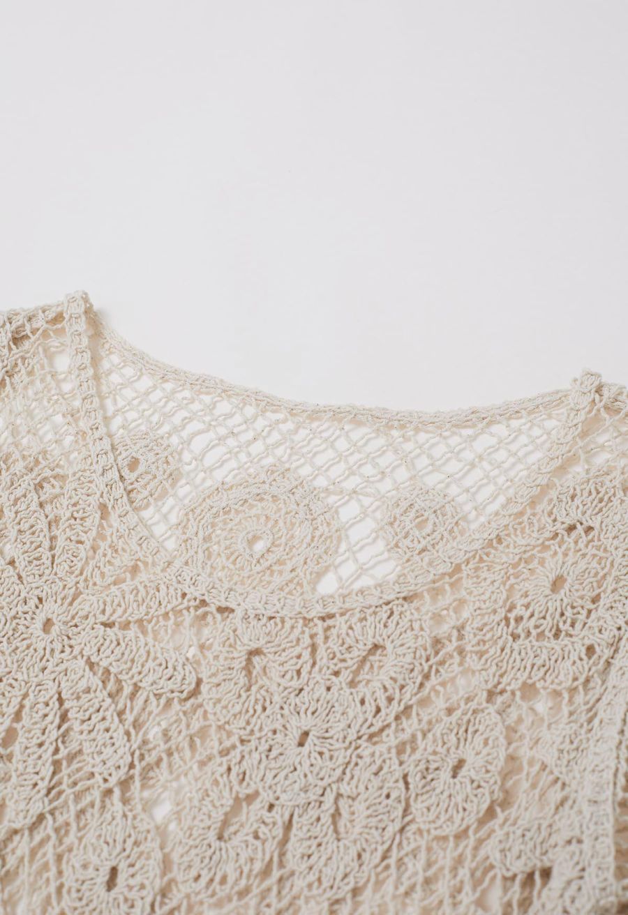 Floral Cutwork Grid Crochet Cover Up Dress in Sand