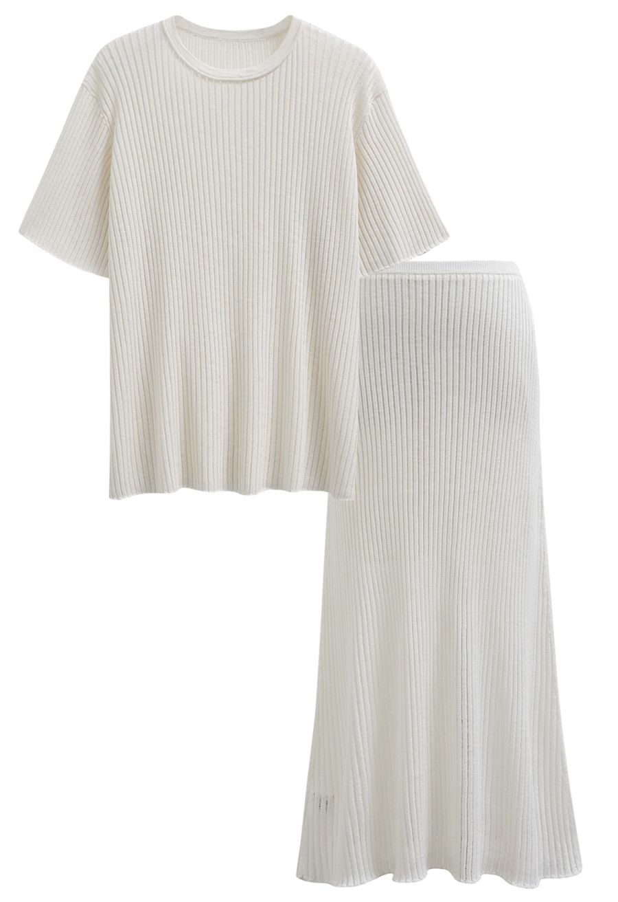 Cozy Effortless Ribbed Knit Top and Skirt Set in Ivory