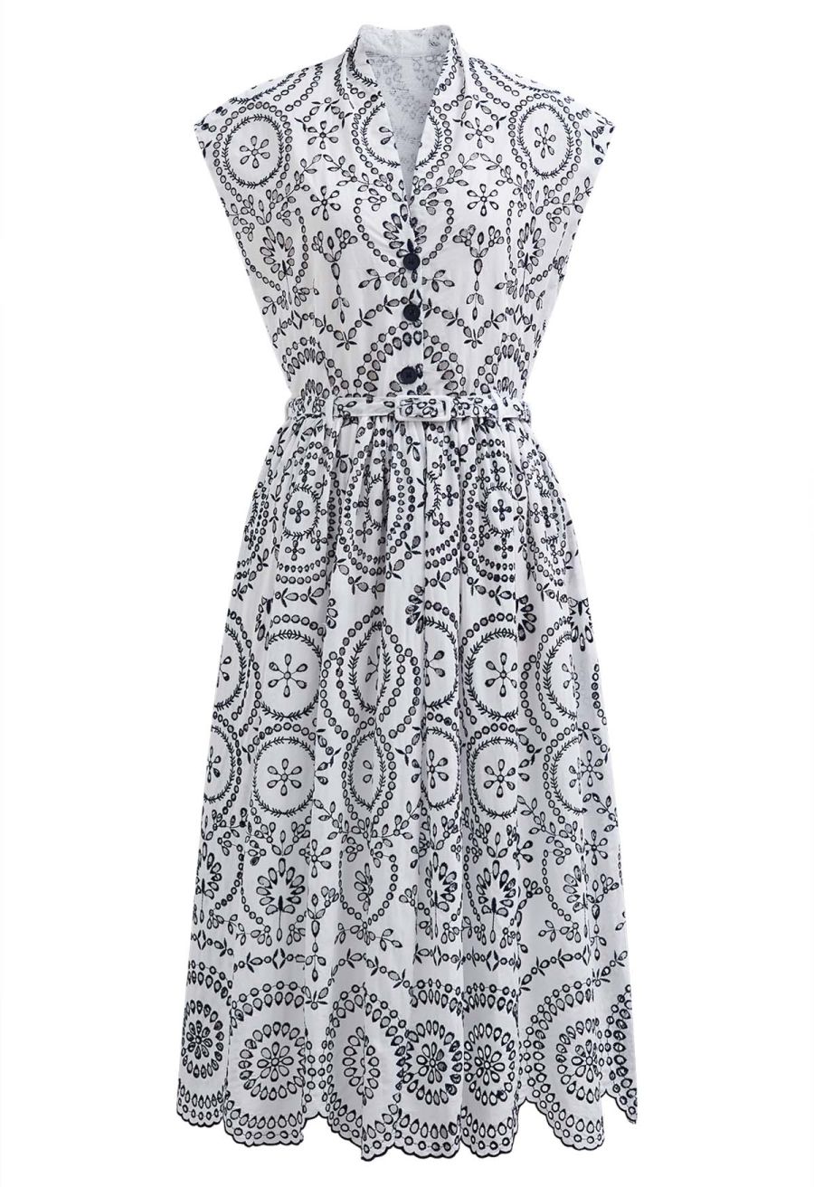 Sunny Poise Navy Embroidered Belted Midi Dress