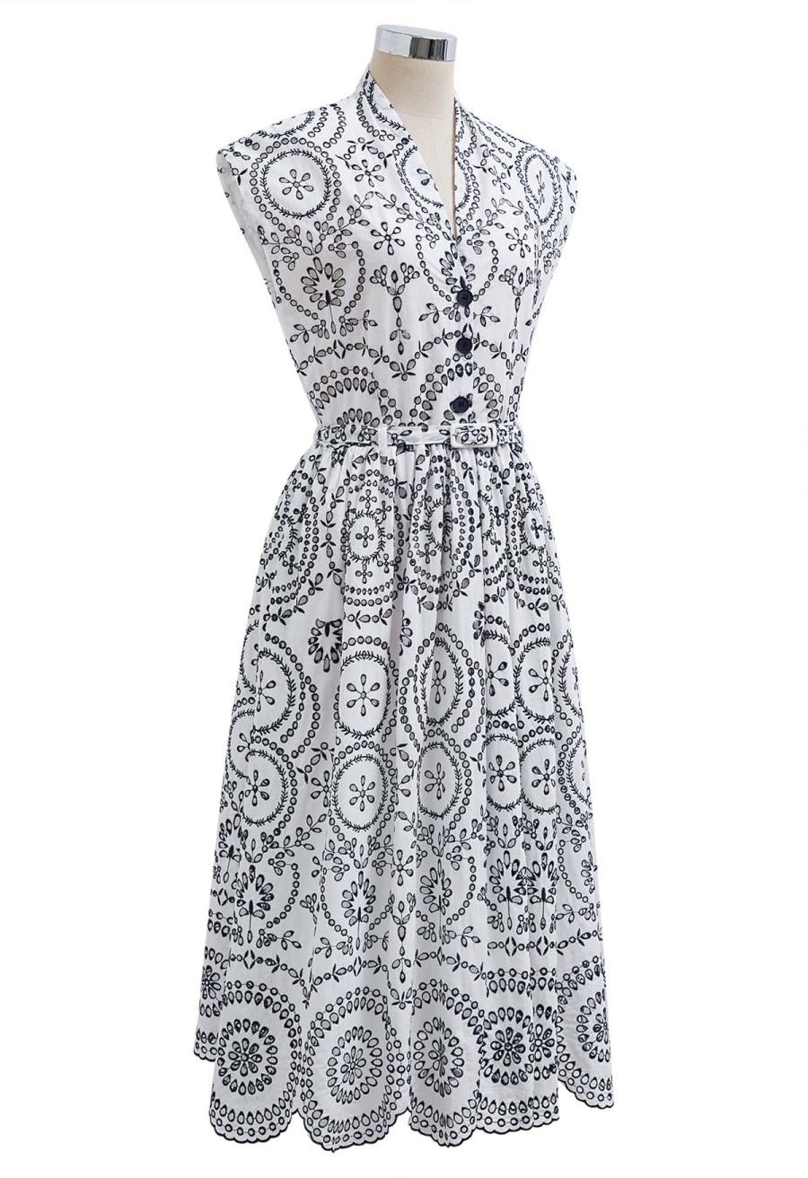 Sunny Poise Navy Embroidered Belted Midi Dress