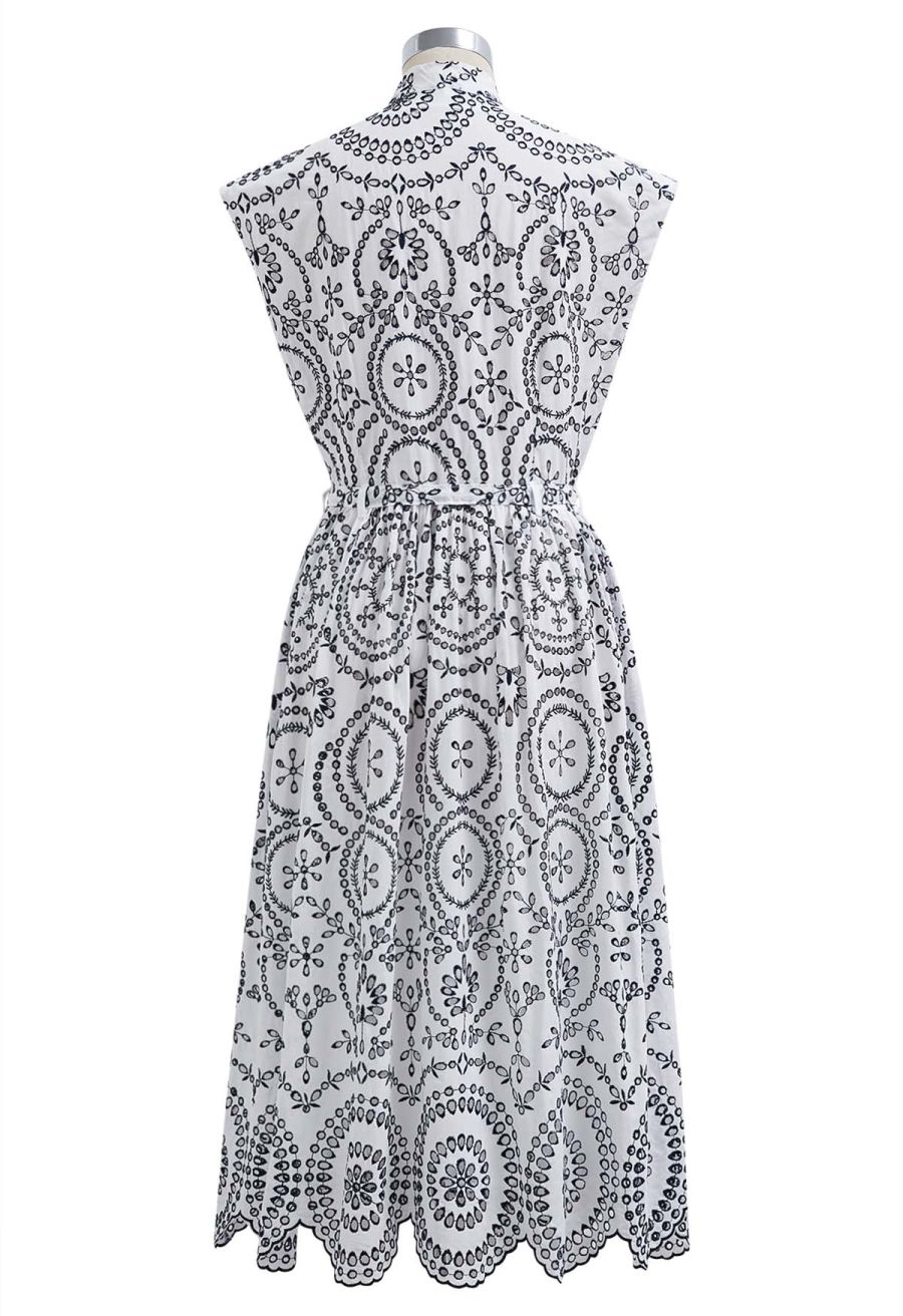 Sunny Poise Navy Embroidered Belted Midi Dress