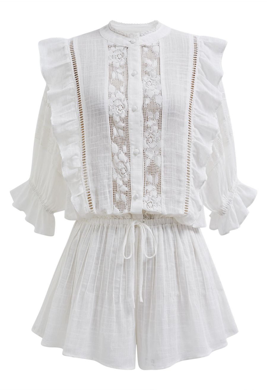 Beachy Vibes Eyelet Lace Inserted Cotton Playsuit in White