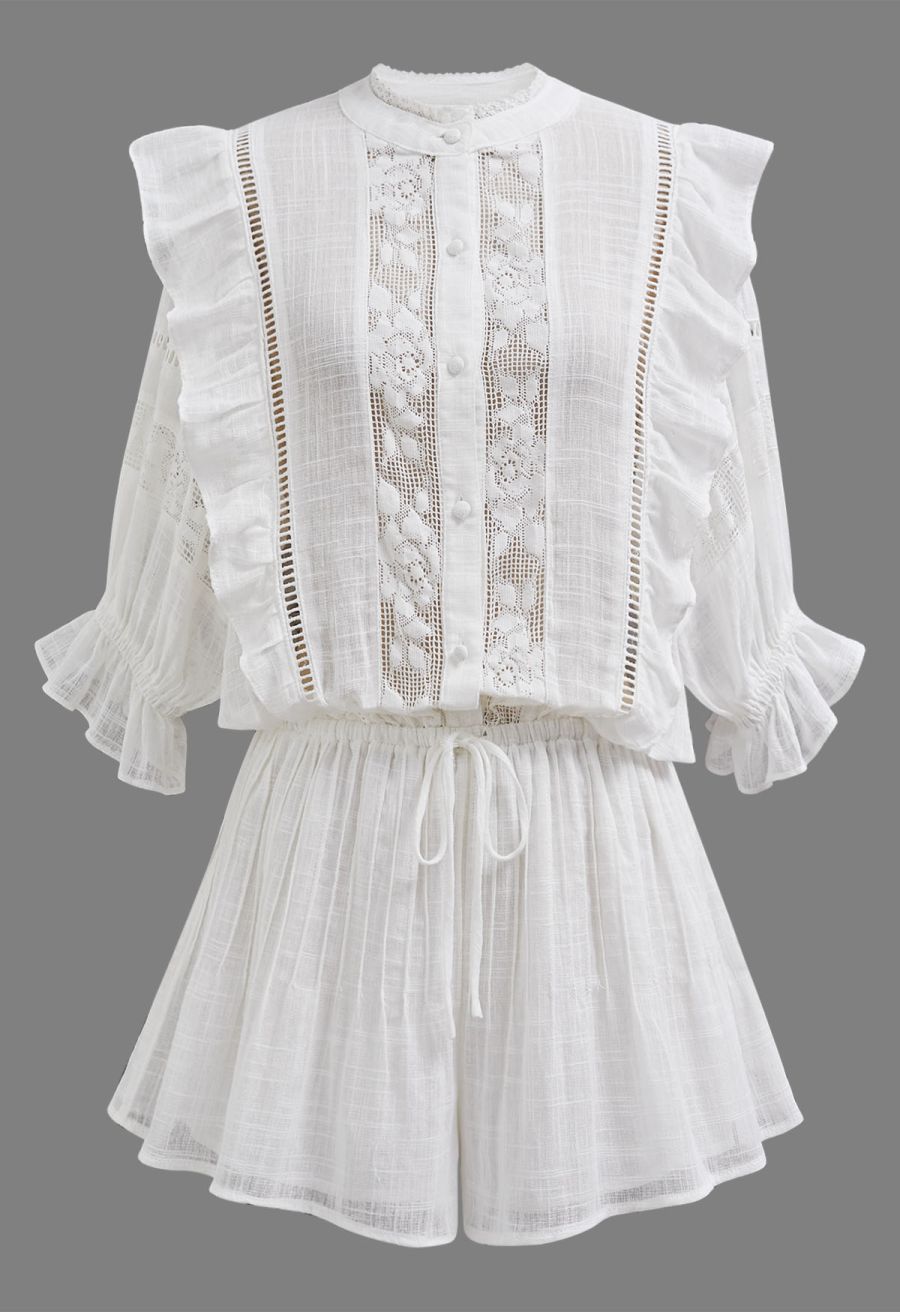 Beachy Vibes Eyelet Lace Inserted Cotton Playsuit in White
