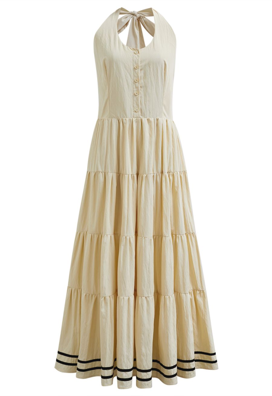 Striped Hem Self-Tie Halter Frilling Dress in Light Yellow