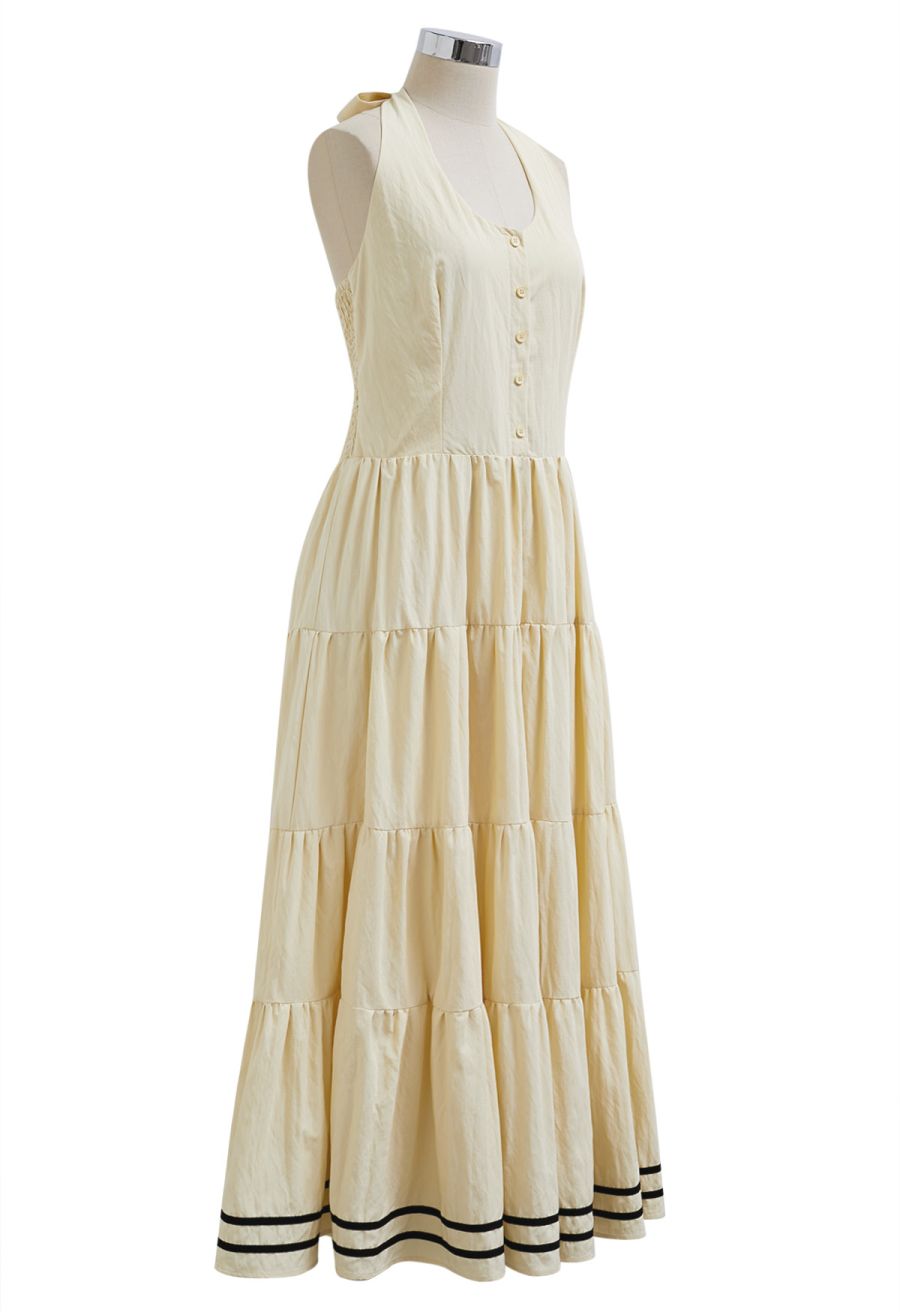Striped Hem Self-Tie Halter Frilling Dress in Light Yellow