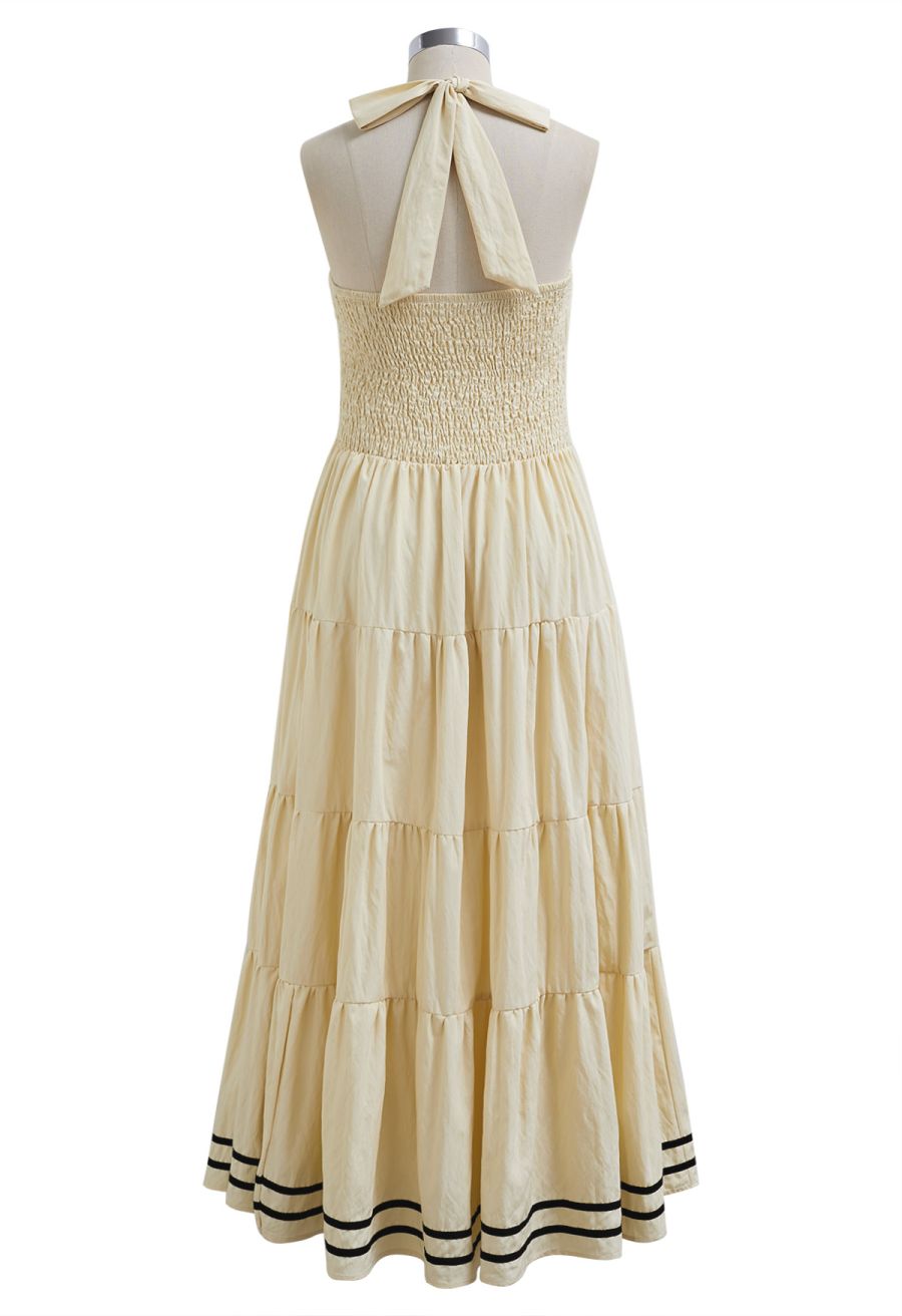 Striped Hem Self-Tie Halter Frilling Dress in Light Yellow
