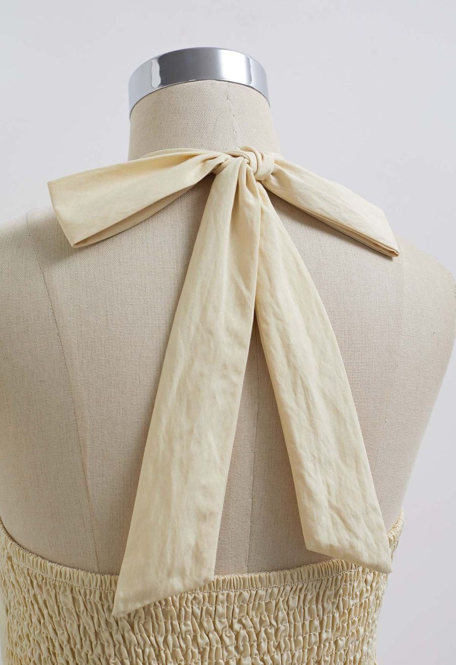 Striped Hem Self-Tie Halter Frilling Dress in Light Yellow