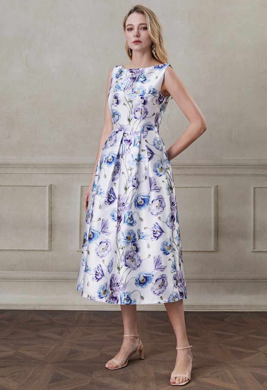Watercolor Anemone Blossom Sleeveless Midi Dress