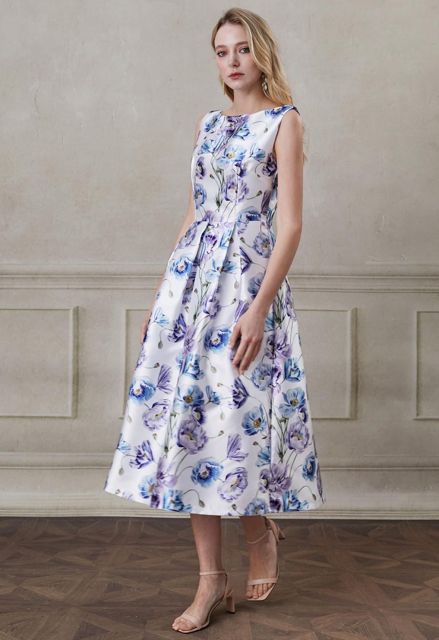 Watercolor Anemone Blossom Sleeveless Midi Dress