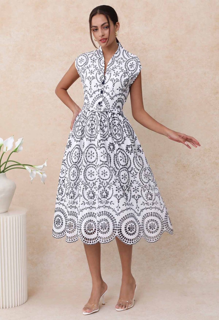 Sunny Poise Navy Embroidered Belted Midi Dress