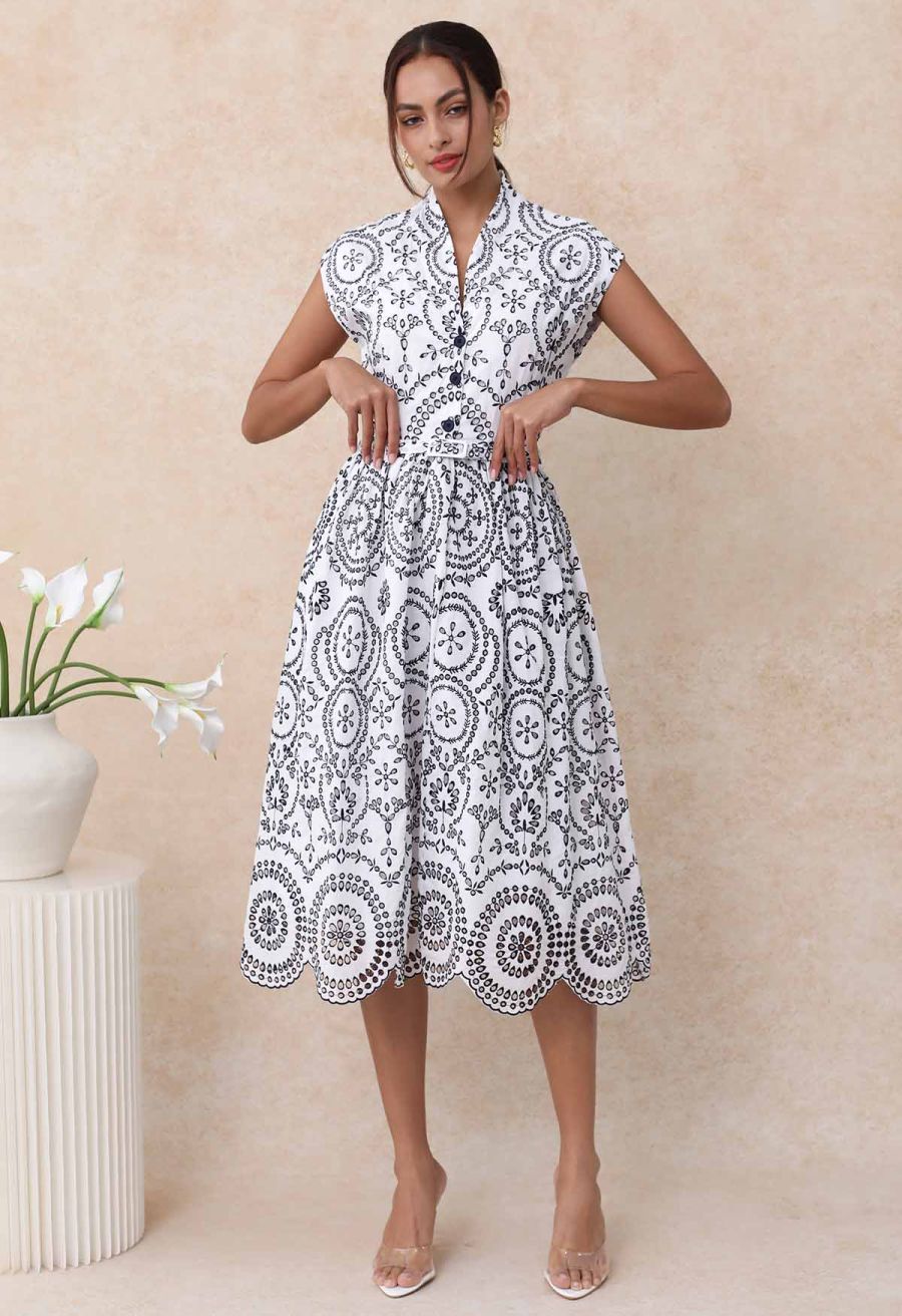 Sunny Poise Navy Embroidered Belted Midi Dress