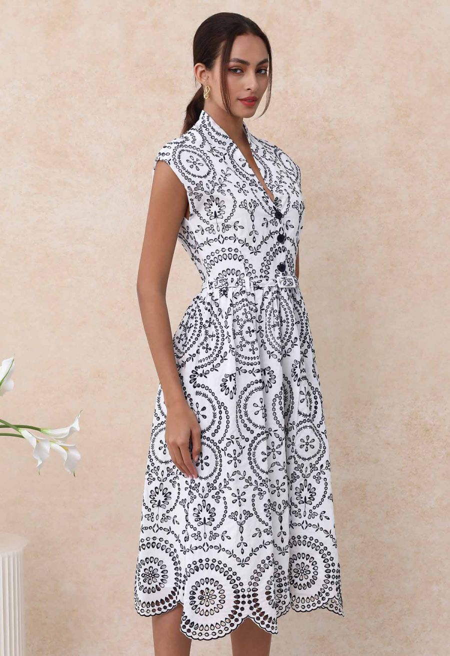 Sunny Poise Navy Embroidered Belted Midi Dress