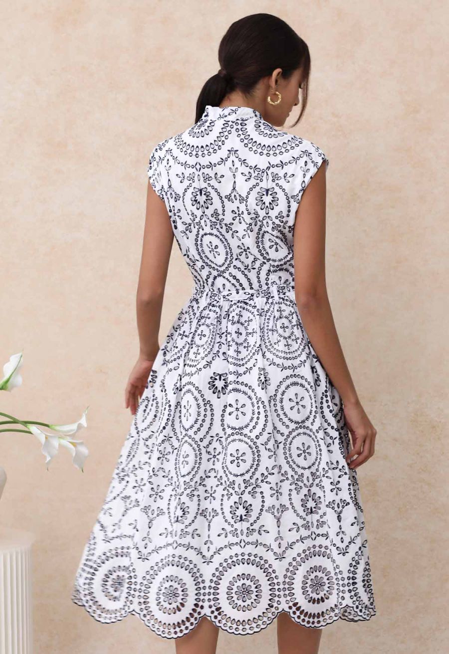 Sunny Poise Navy Embroidered Belted Midi Dress