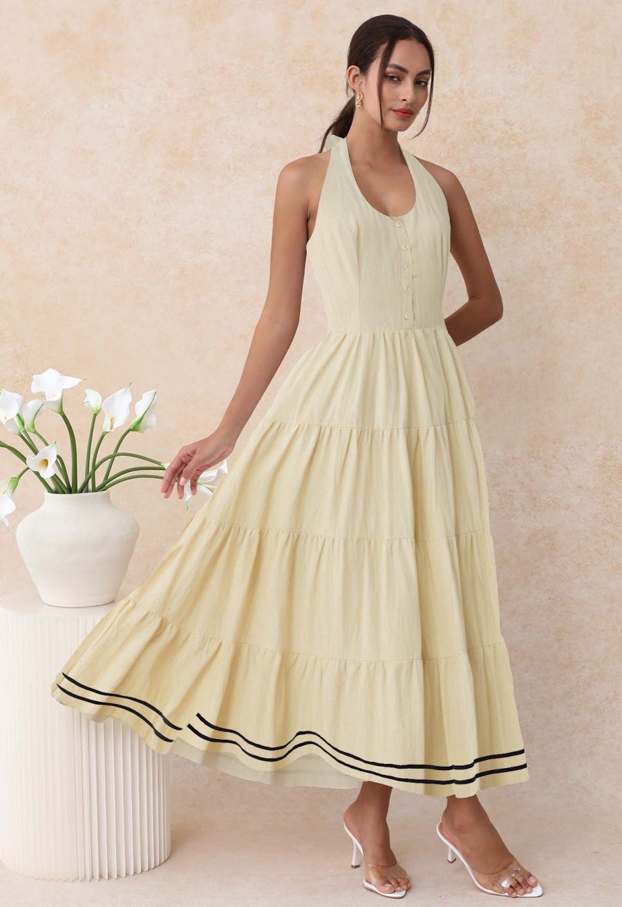 Striped Hem Self-Tie Halter Frilling Dress in Light Yellow